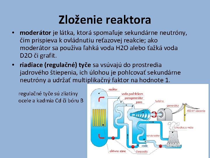Zloženie reaktora • moderátor je látka, ktorá spomaľuje sekundárne neutróny, čím prispieva k ovládnutiu