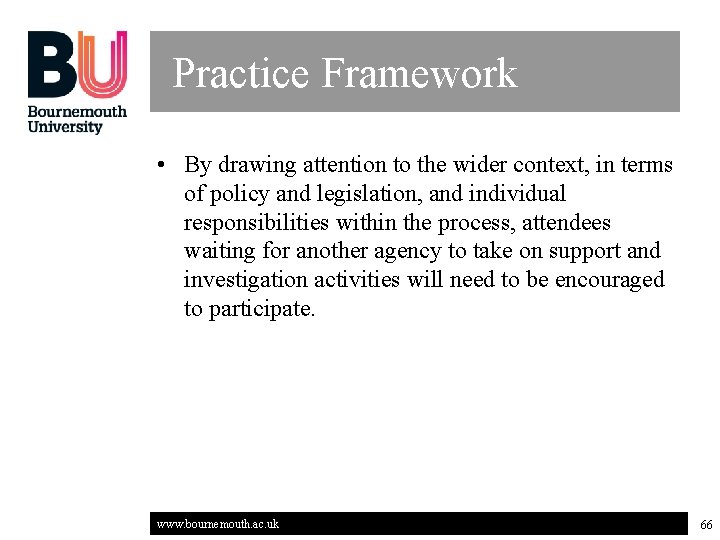 Practice Framework • By drawing attention to the wider context, in terms of policy