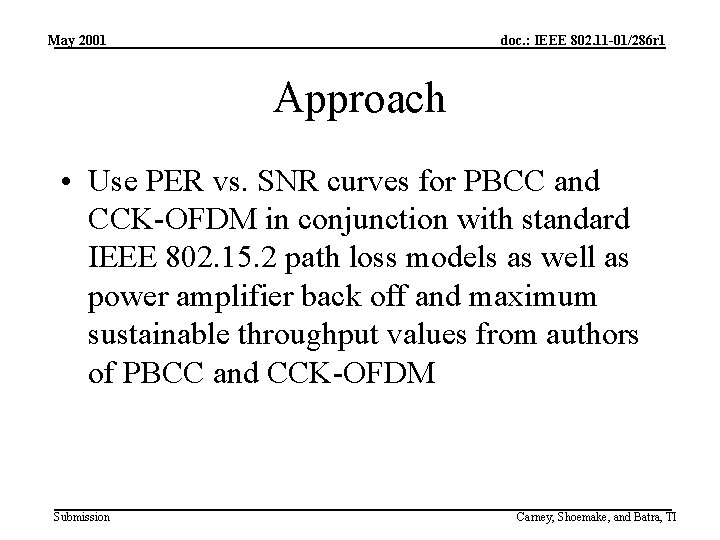 May 2001 doc. : IEEE 802. 11 -01/286 r 1 Approach • Use PER