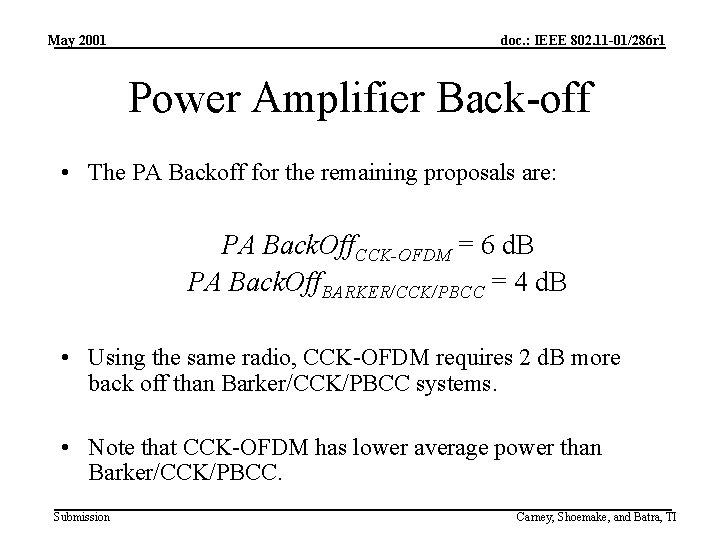 May 2001 doc. : IEEE 802. 11 -01/286 r 1 Power Amplifier Back-off •