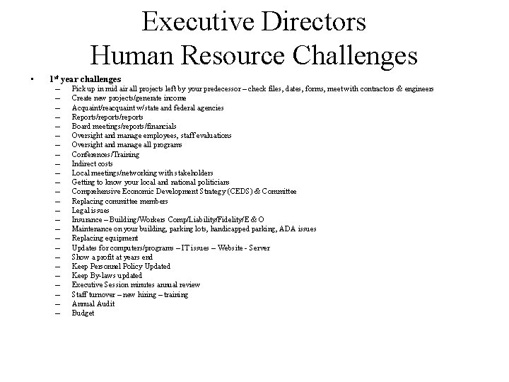 Executive Directors Human Resource Challenges • 1 st year challenges – – – –