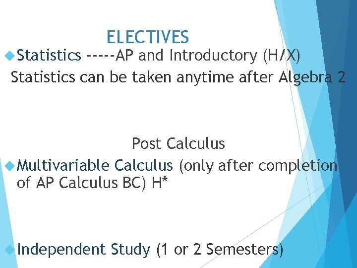  Statistics ELECTIVES -----AP and Introductory (H/X) Statistics can be taken anytime after Algebra