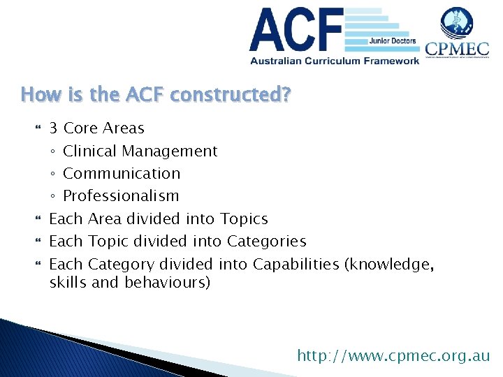 How is the ACF constructed? 3 Core Areas ◦ Clinical Management ◦ Communication ◦ How is the ACF constructed? 3 Core Areas ◦ Clinical Management ◦ Communication ◦