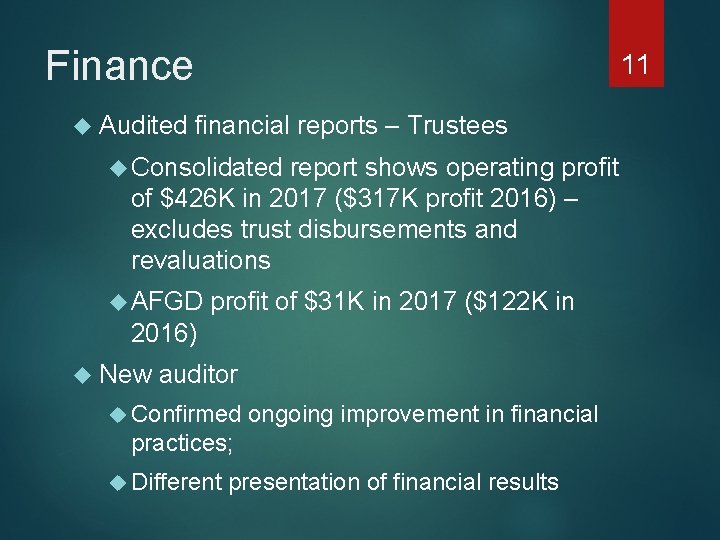 Finance Audited 11 financial reports – Trustees Consolidated report shows operating profit of $426