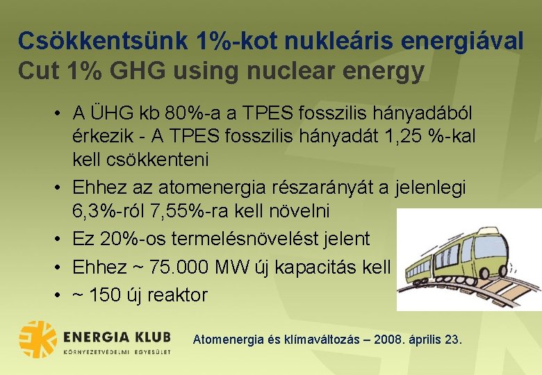 Csökkentsünk 1%-kot nukleáris energiával Cut 1% GHG using nuclear energy • A ÜHG kb