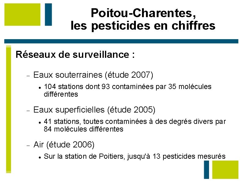 Poitou-Charentes, les pesticides en chiffres Réseaux de surveillance : Eaux souterraines (étude 2007) Eaux