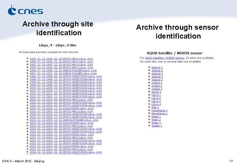 Archive through site identification GSICS – March 2012 - Beijing Archive through sensor identification