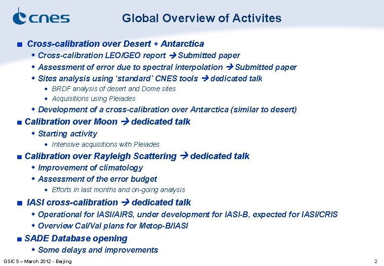 Global Overview of Activites ■ Cross-calibration over Desert + Antarctica w Cross-calibration LEO/GEO report