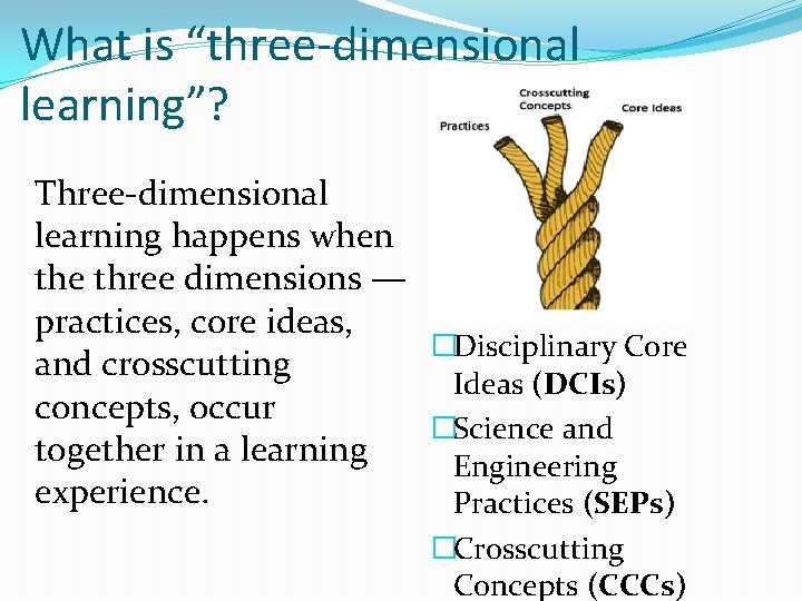 What is “three-dimensional learning”? Three-dimensional learning happens when the three dimensions — practices, core