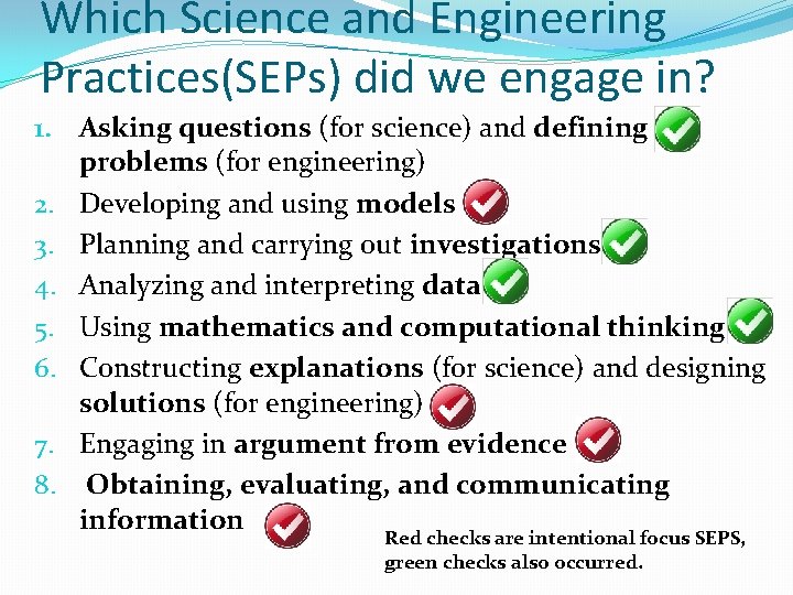 Which Science and Engineering Practices(SEPs) did we engage in? 1. Asking questions (for science)
