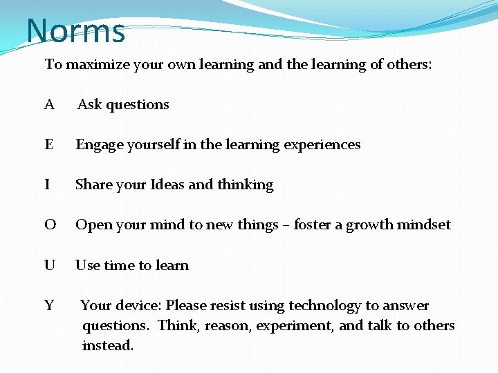 Norms To maximize your own learning and the learning of others: A Ask questions