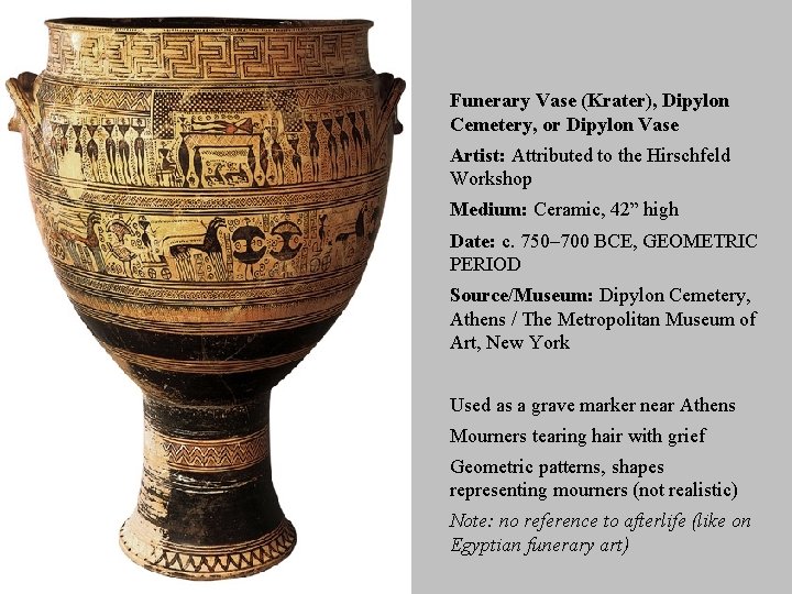 Funerary Vase (Krater), Dipylon Cemetery, or Dipylon Vase Artist: Attributed to the Hirschfeld Workshop