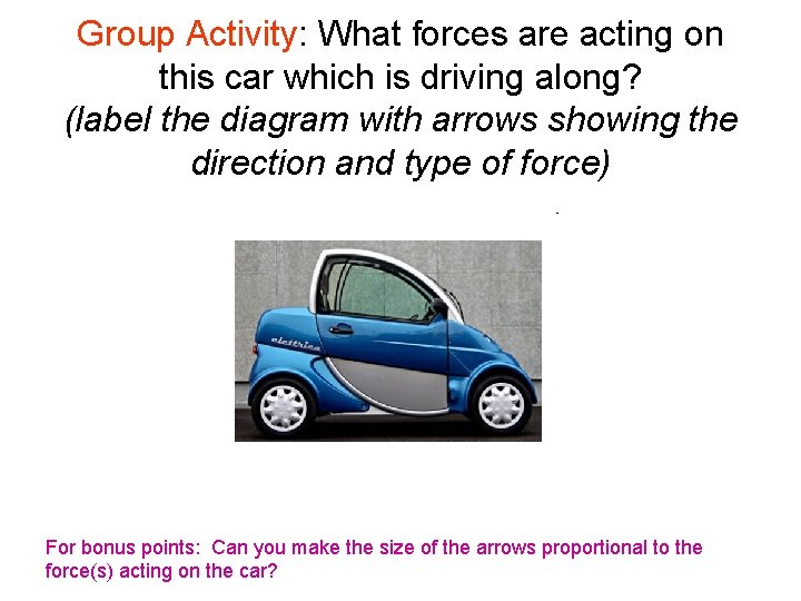 Group Activity: What forces are acting on this car which is driving along? (label