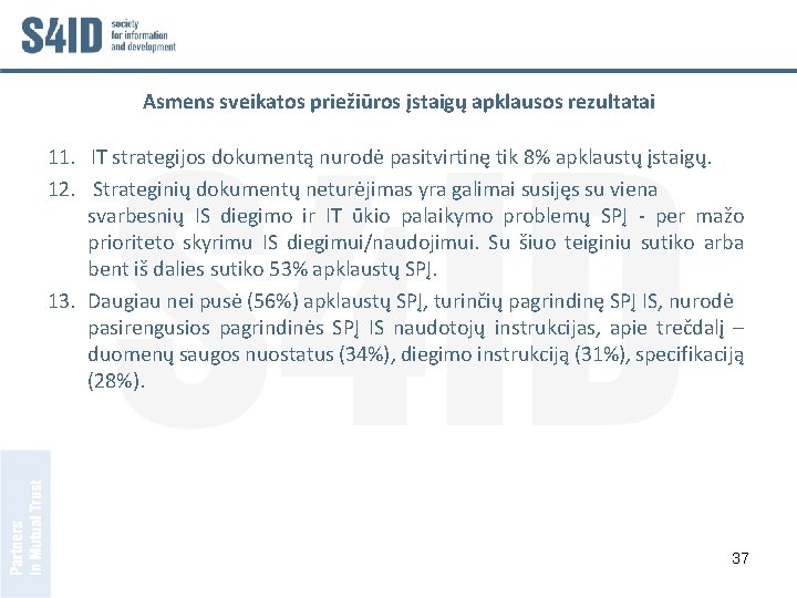 Asmens sveikatos priežiūros įstaigų apklausos rezultatai 11. IT strategijos dokumentą nurodė pasitvirtinę tik 8%