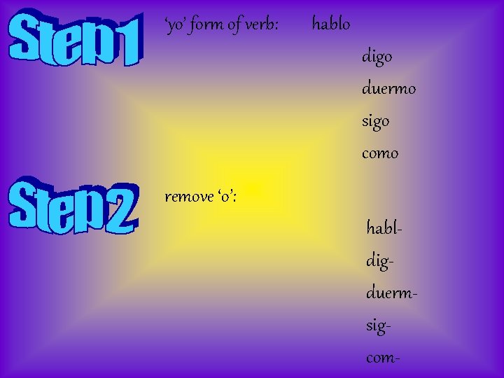 ‘yo’ form of verb: hablo digo duermo sigo como remove ‘o’: habldigduermsigcom- 