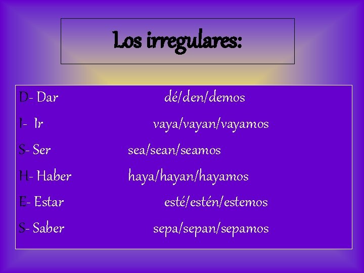 Los irregulares: D- Dar I- Ir S- Ser H- Haber E- Estar S- Saber