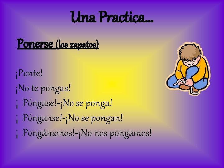 Una Practica… Ponerse (los zapatos) ¡Ponte! ¡No te pongas! ¡ Póngase!-¡No se ponga! ¡