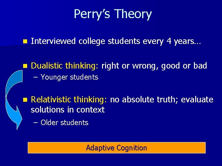 Perry’s Theory n Interviewed college students every 4 years… n Dualistic thinking: right or