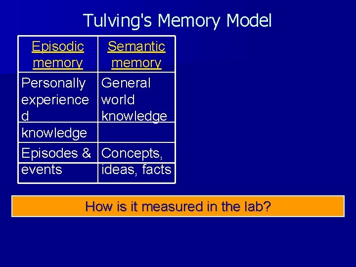 Tulving's Memory Model Episodic memory Personally experience d knowledge Episodes & events Semantic memory