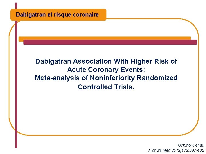 Dabigatran et risque coronaire Dabigatran Association With Higher Risk of Acute Coronary Events: Meta-analysis