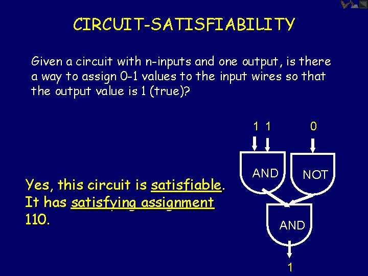 CIRCUIT-SATISFIABILITY Given a circuit with n-inputs and one output, is there a way to