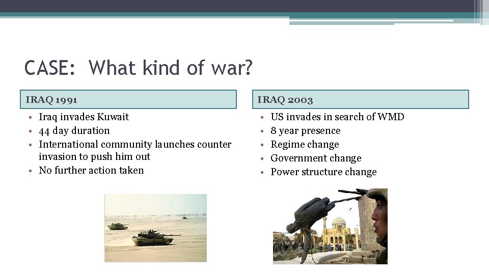 CASE: What kind of war? IRAQ 1991 IRAQ 2003 • Iraq invades Kuwait •