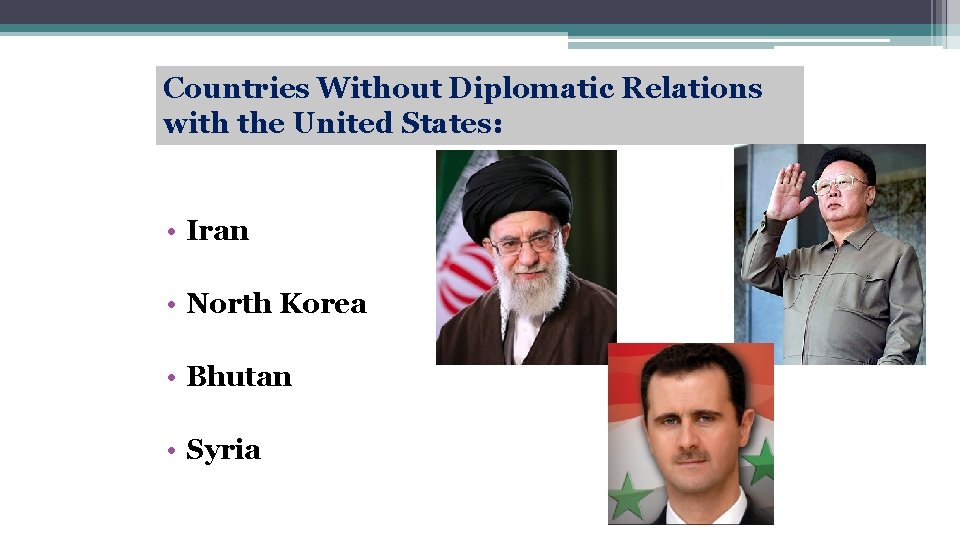 Countries Without Diplomatic Relations with the United States: • Iran • North Korea •