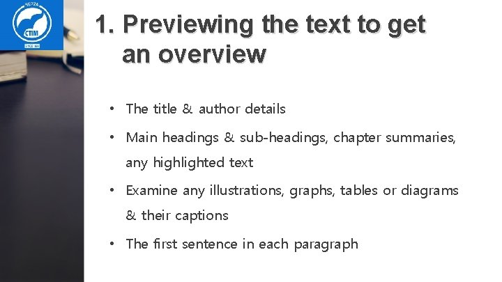 1. Previewing the text to get an overview • The title & author details