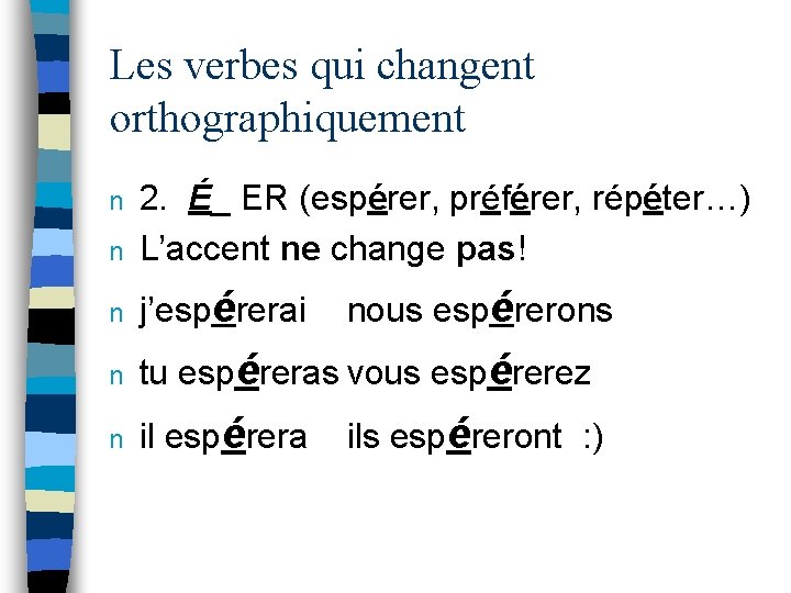 Les verbes qui changent orthographiquement n 2. É_ ER (espérer, préférer, répéter…) L’accent ne