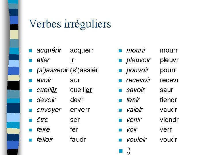 Verbes irréguliers n n n n n acquérir acquerr aller ir (s’)asseoir (s’)assiér avoir