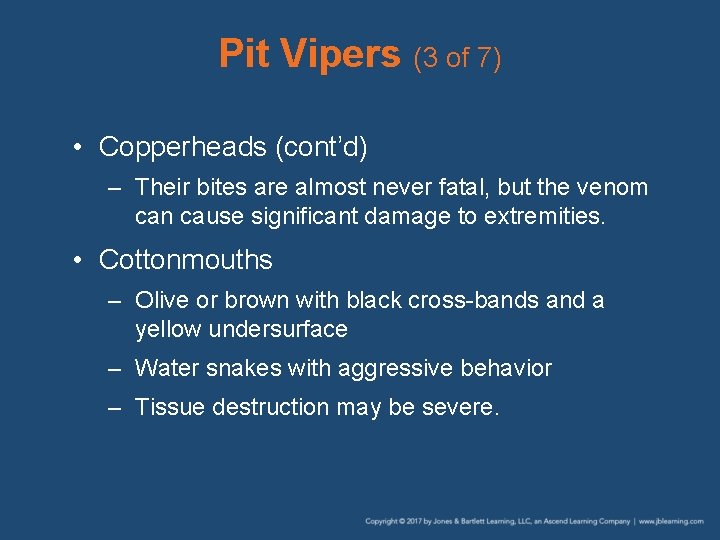 Pit Vipers (3 of 7) • Copperheads (cont’d) – Their bites are almost never