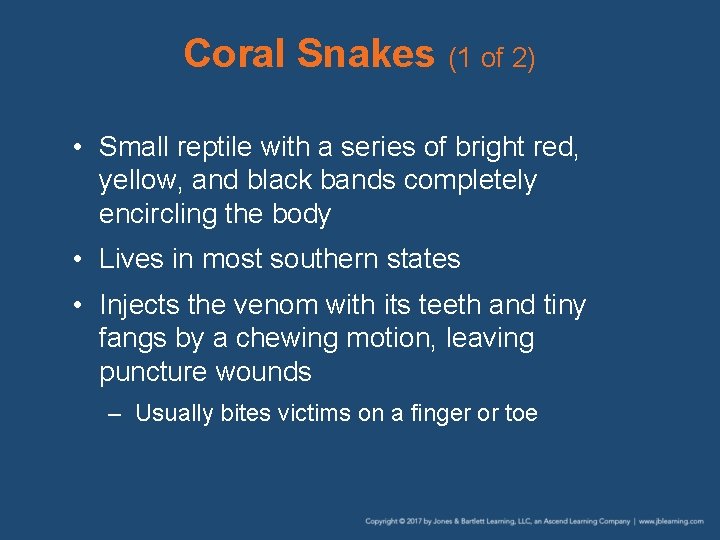 Coral Snakes (1 of 2) • Small reptile with a series of bright red,