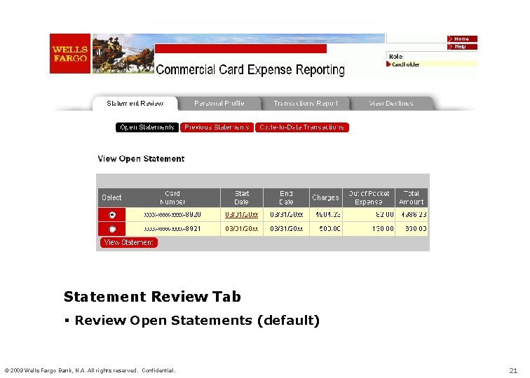 Statement Review Tab § Review Open Statements (default) © 2009 Wells Fargo Bank, N.