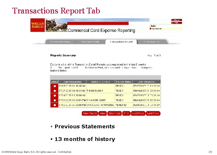 Transactions Report Tab § Previous Statements § 13 months of history © 2009 Wells