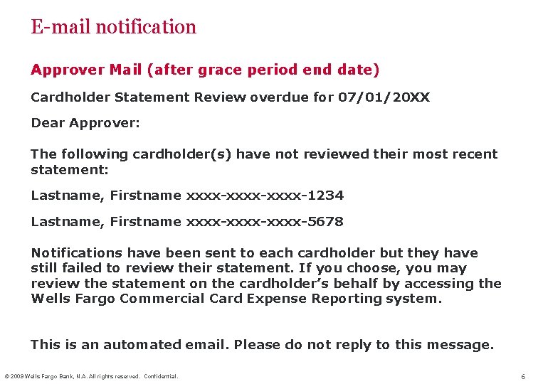 E-mail notification Approver Mail (after grace period end date) Cardholder Statement Review overdue for