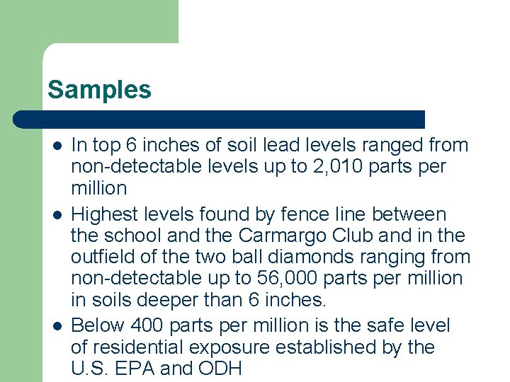 Samples l l l In top 6 inches of soil lead levels ranged from