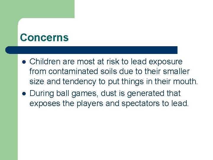 Concerns l l Children are most at risk to lead exposure from contaminated soils