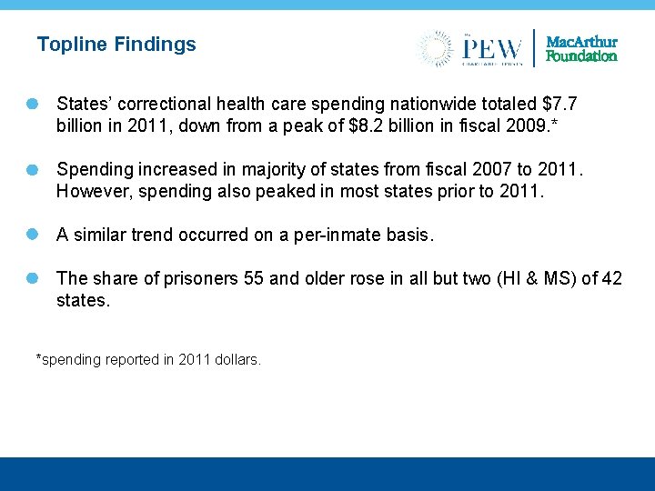 Topline Findings States’ correctional health care spending nationwide totaled $7. 7 billion in 2011,