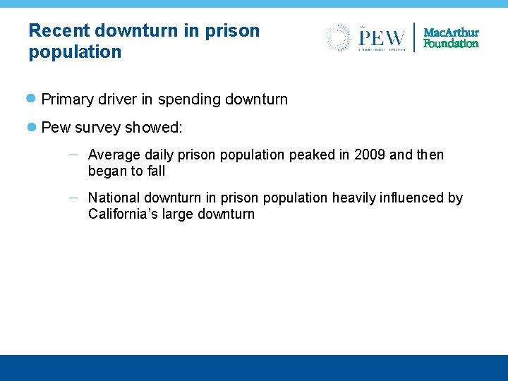 Recent downturn in prison population Primary driver in spending downturn Pew survey showed: Average
