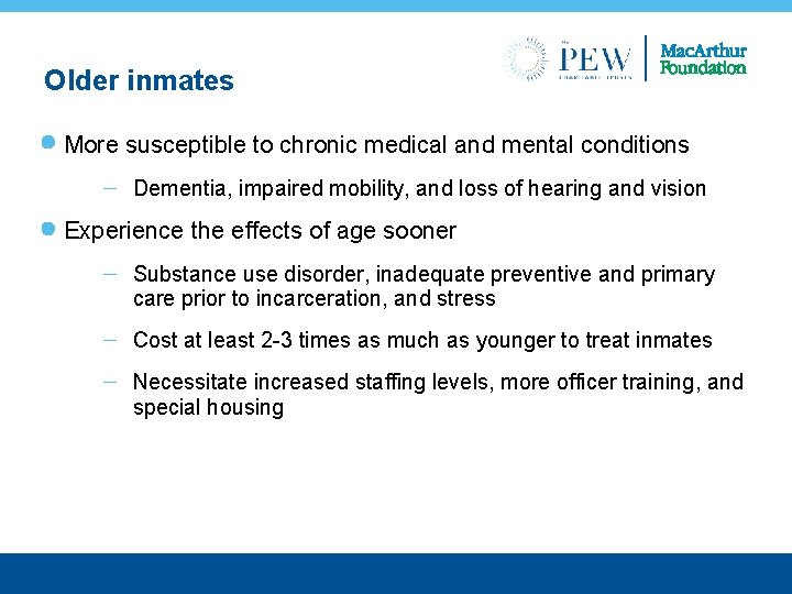 Older inmates More susceptible to chronic medical and mental conditions Dementia, impaired mobility, and