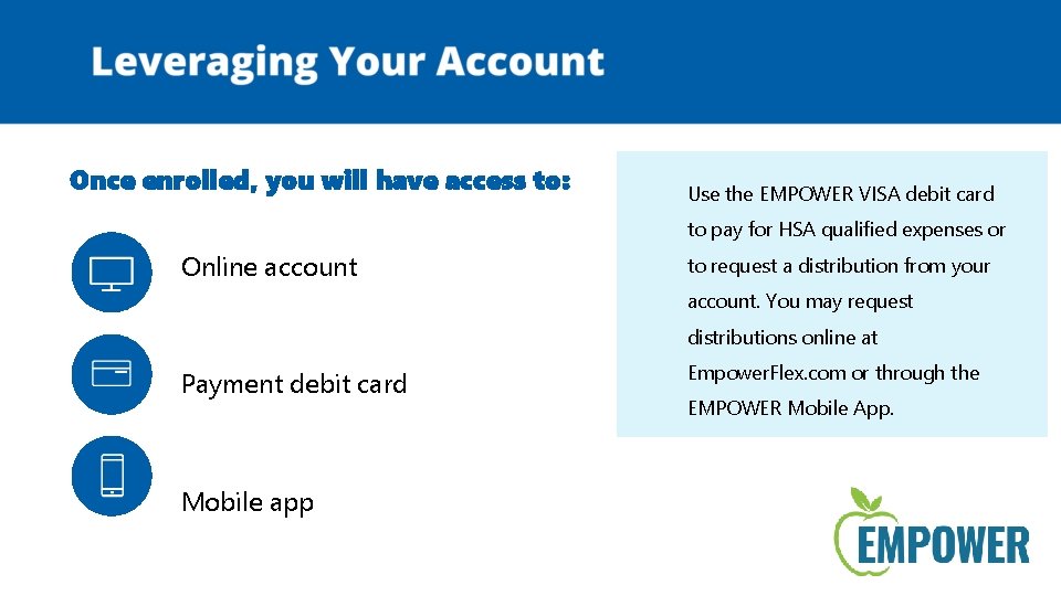 Once enrolled, you will have access to: Use the EMPOWER VISA debit card to