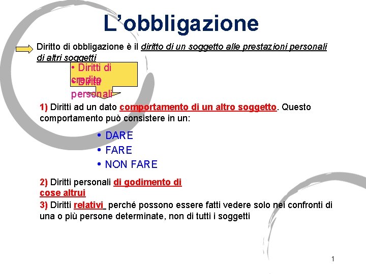 L’obbligazione Diritto di obbligazione è il diritto di un soggetto alle prestazioni personali di