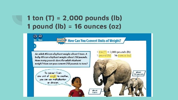 1 ton (T) = 2, 000 pounds (lb) 1 pound (lb) = 16 ounces