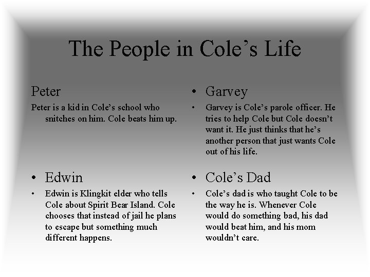 The People in Cole’s Life Peter • Garvey Peter is a kid in Cole’s