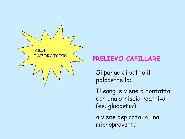 VEDI LABORATORIO PRELIEVO CAPILLARE Si punge di solito il polpastrello: Il sangue viene a