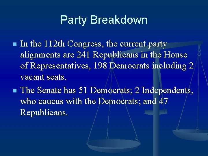 Party Breakdown n n In the 112 th Congress, the current party alignments are