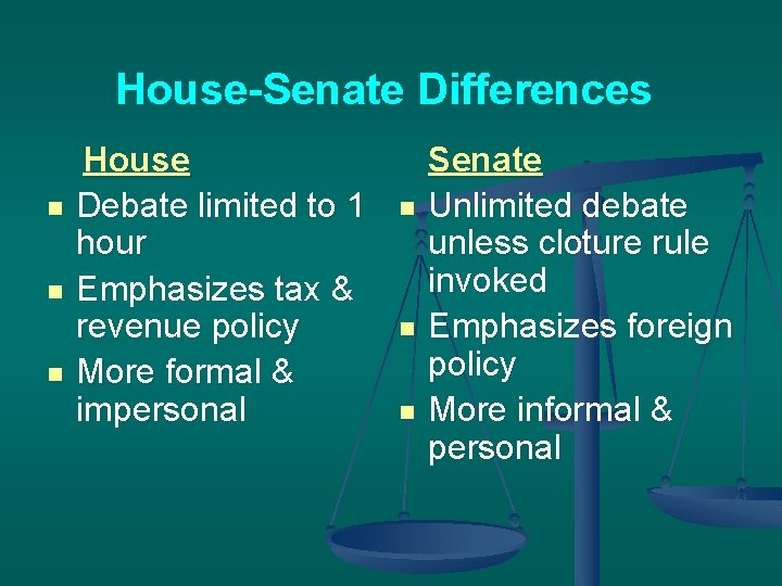 House-Senate Differences n n n House Debate limited to 1 hour Emphasizes tax &