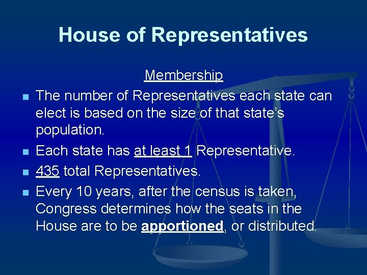 House of Representatives n n Membership The number of Representatives each state can elect