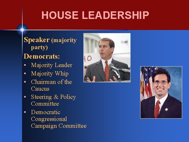 HOUSE LEADERSHIP Speaker (majority party) Democrats: • Majority Leader • Majority Whip • Chairman