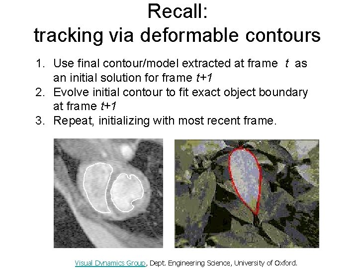 Recall: tracking via deformable contours 1. Use final contour/model extracted at frame t as